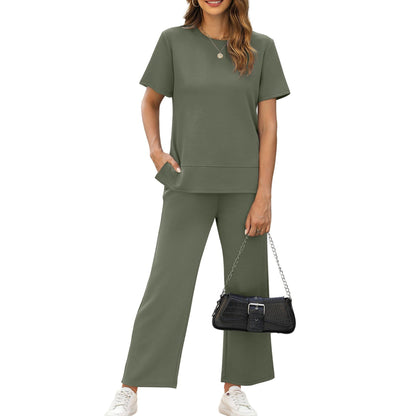 casual summer set featuring loose, wide-leg trousers—perfect for airport travel, beach vacations, and downtime; designed with short sleeves and soft, comfortable fabric