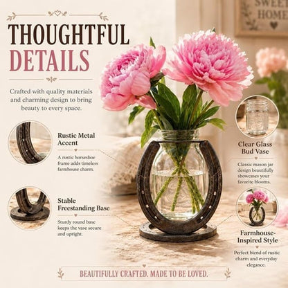 Rustic Horseshoe Flower Vase, Farmhouse Glass Bud Vase Decor with Matte Cast Iron Horseshoe Stand
