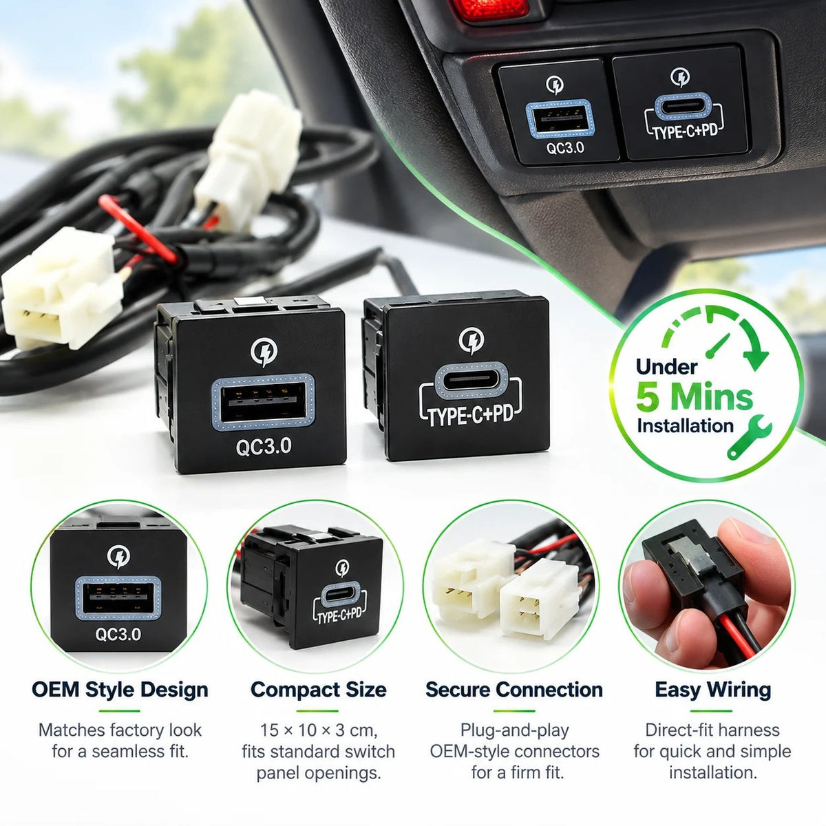 Direct Fit Car Charging Module - Plug & Play with Wiring Harness 🔌