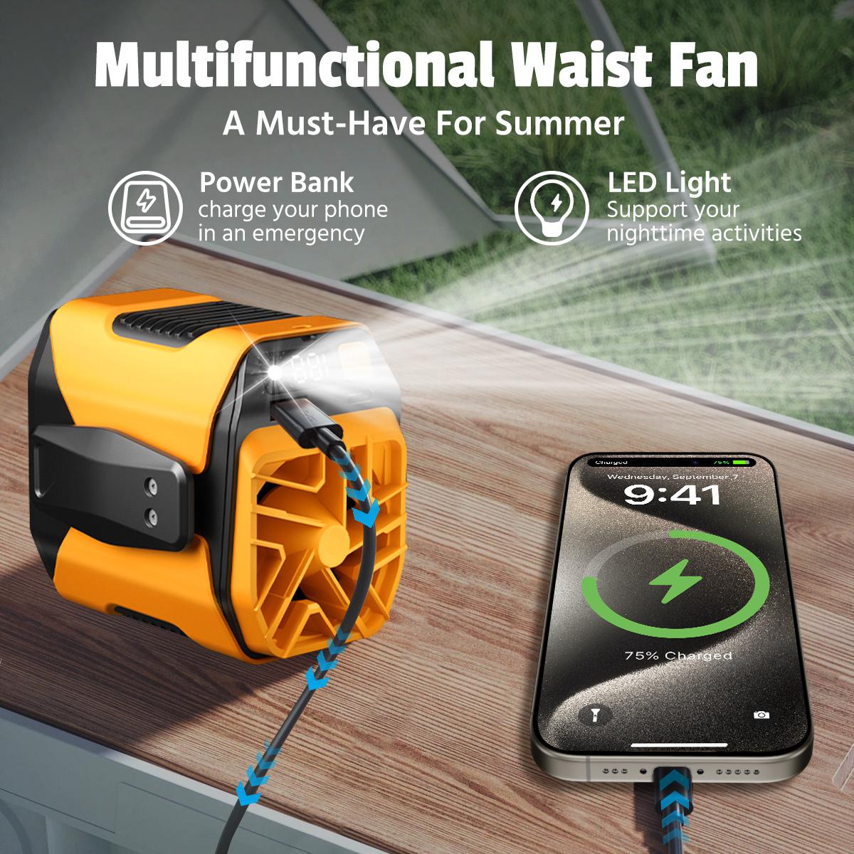 🌬️ Waist Wearable Portable Fan 🔋 Built-in 6000mAh Power Bank, 100 Speeds 5300RPM with LED Light for Work, Fishing & Camping