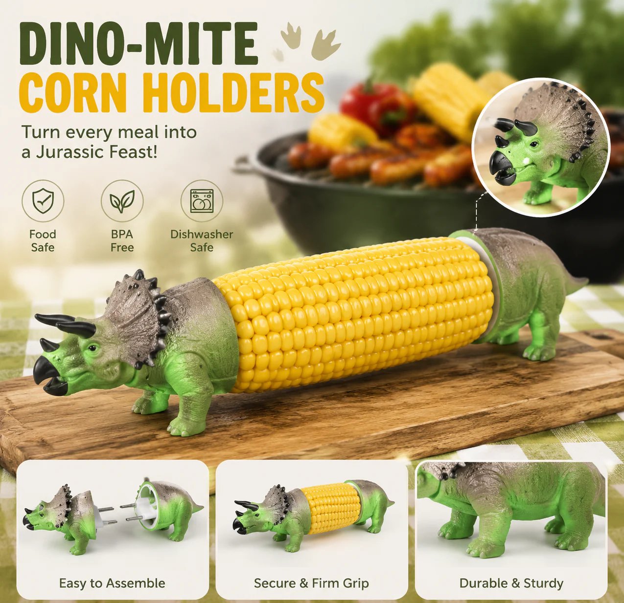 🔥Last Day 50% OFF - 🦖 Cute Dinosaur Corn Holders – Fun Stainless Steel BBQ Kitchen Gadget Set