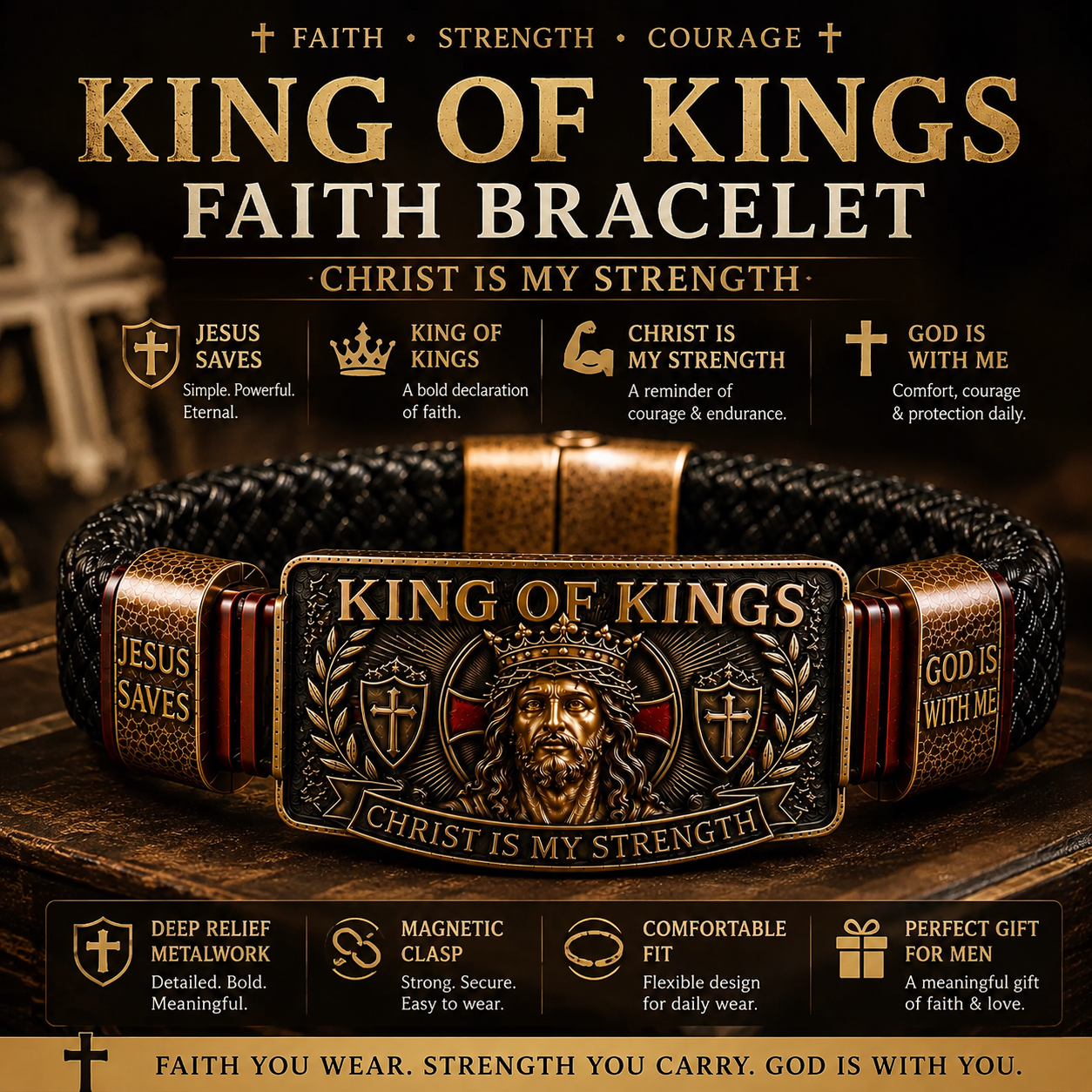 ✝️ King of Kings Faith Bracelet – Adjustable Christian Wristband Gift