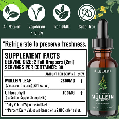 BetterLungs Mullein Drops for Lung Detox - Mullein Leaf Tincture with Chlorophyll