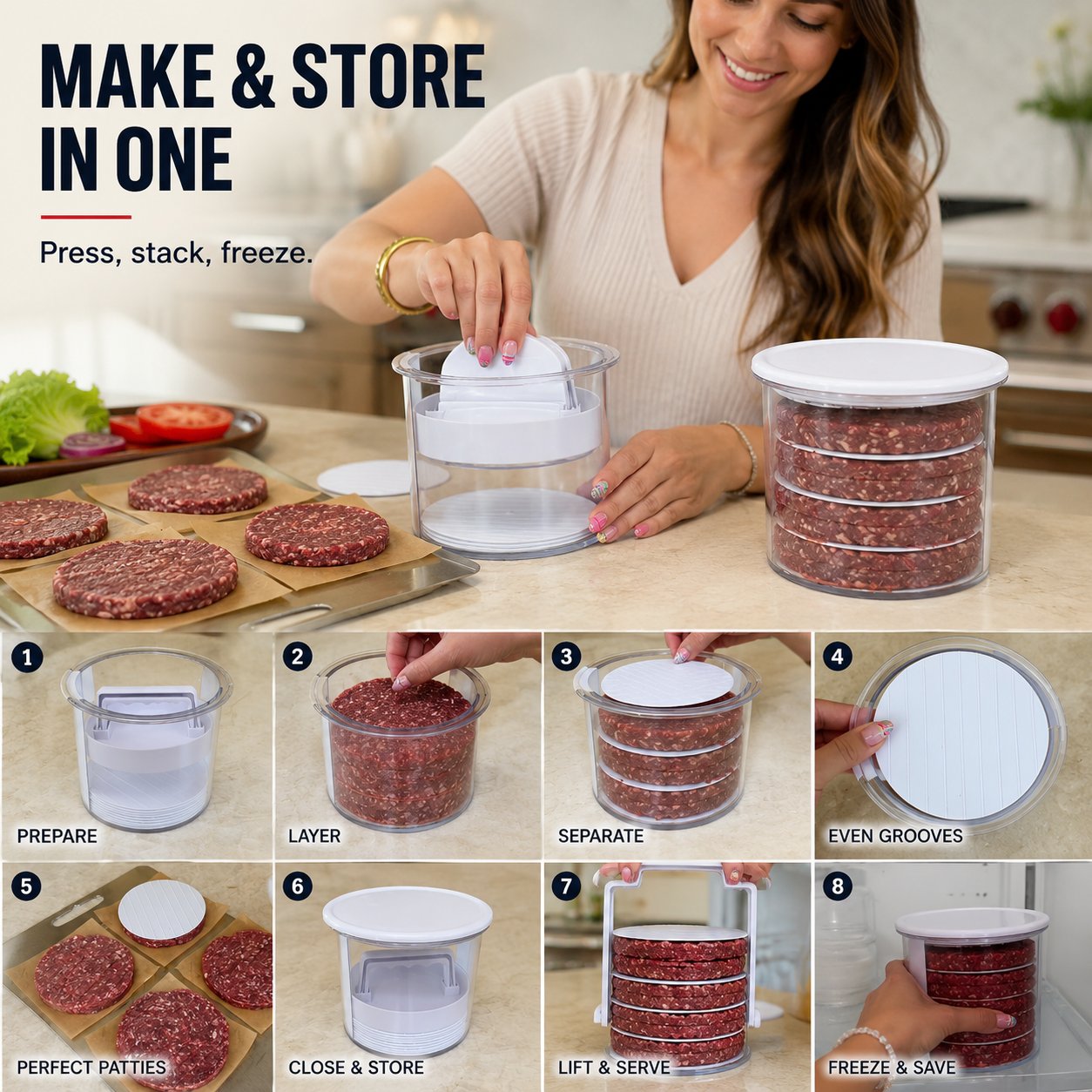 ⏰Limited Stock 60% OFF🍔Non-Stick Burger Mold Shaper with Freezer Storage Container - 12-Piece Set with 8-Layer Plastic Discs