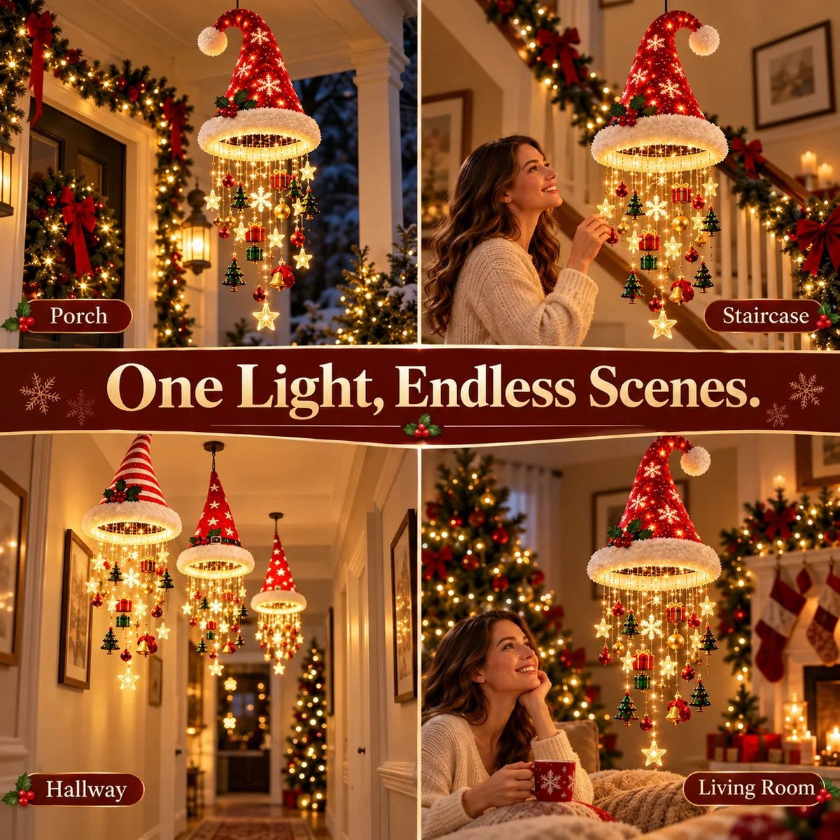 Santa Hat LED Hanging Light - A classic Santa hat raining warm fairy lights & Christmas charms(50*20 cm).