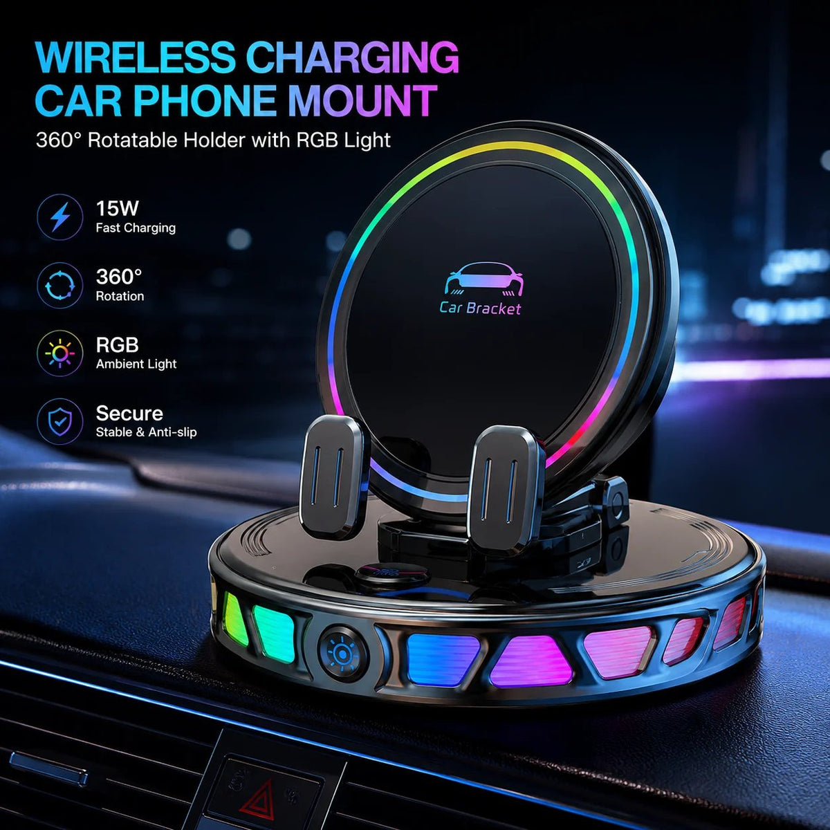 360° Rotating Wireless Charging Car Phone Mount with RGB LED Lights