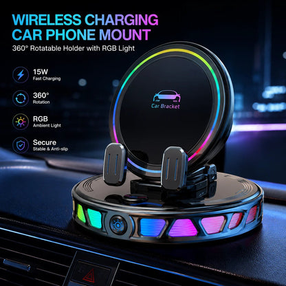 360° Rotating Wireless Charging Car Phone Mount with RGB LED Lights