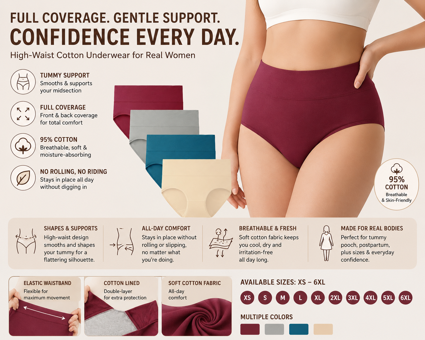 High-Waisted Full Coverage Cotton Briefs(4 pack)