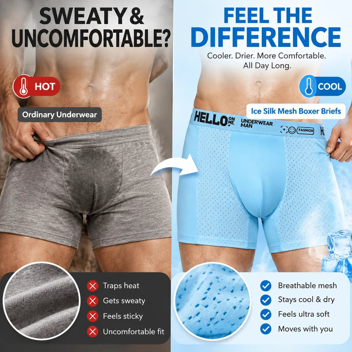 🧊 Men's Ice Silk Cooling Boxer Briefs 6-Pack | Breathable Mesh Comfort Underwear