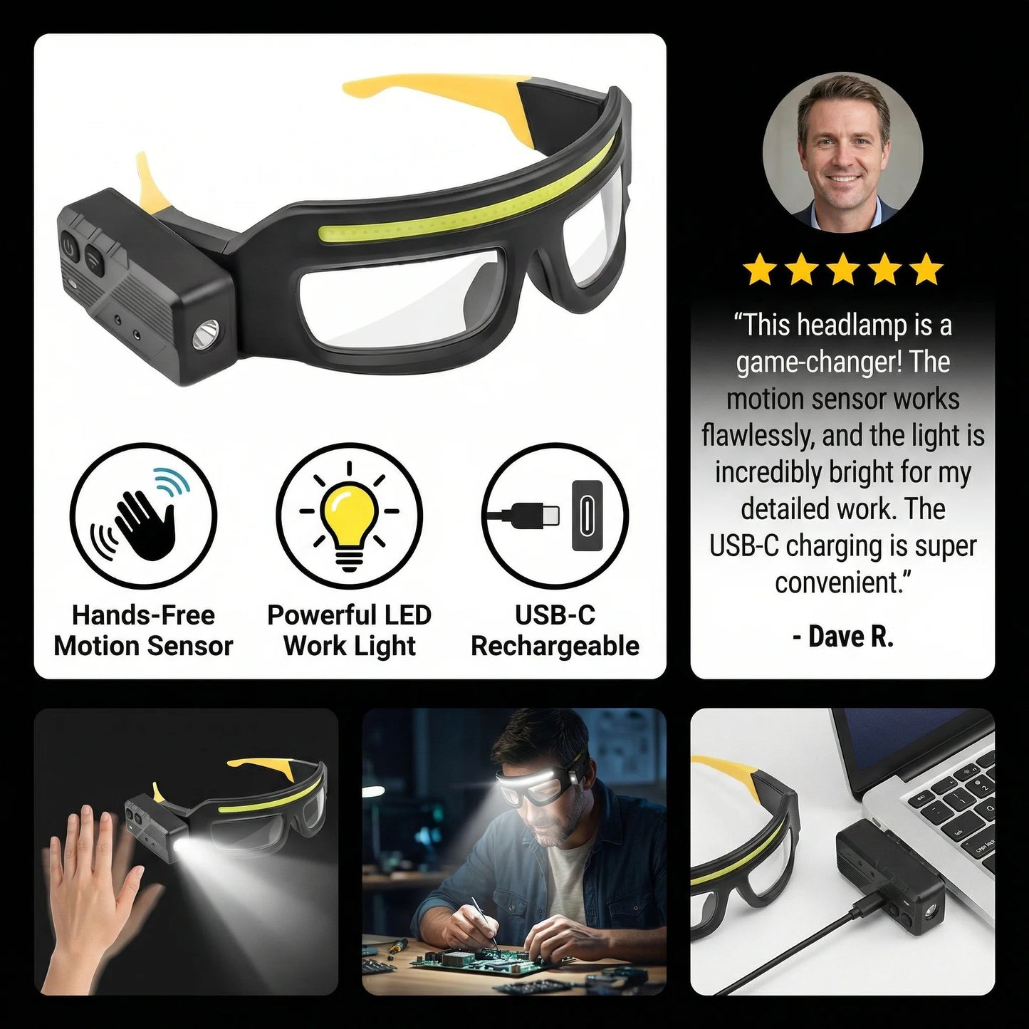 🔦 Rechargeable Motion Sensor Headlamp Glasses – Compact Hands-Free Lighting ✨