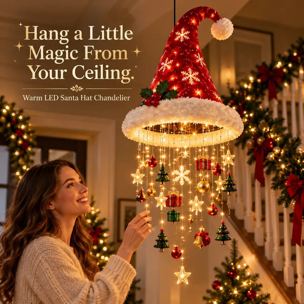Santa Hat LED Hanging Light - A classic Santa hat raining warm fairy lights & Christmas charms(50*20 cm).