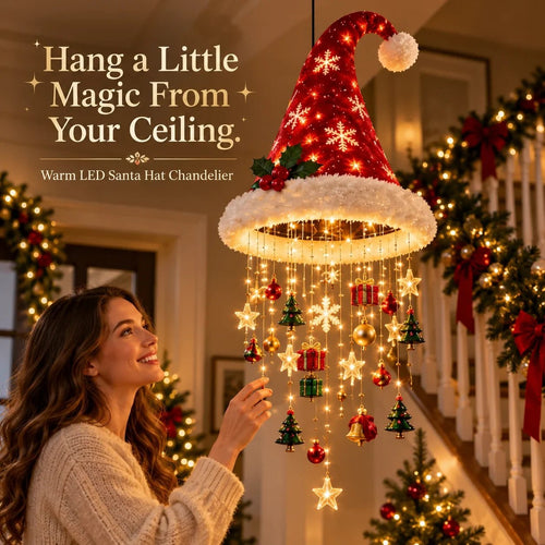 Santa Hat LED Hanging Light - A classic Santa hat raining warm fairy lights & Christmas charms(50*20 cm).