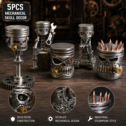 💀 Industrial Mechanical Skull Resin Sculpture – Gear, Wrench & Chain Gothic Décor