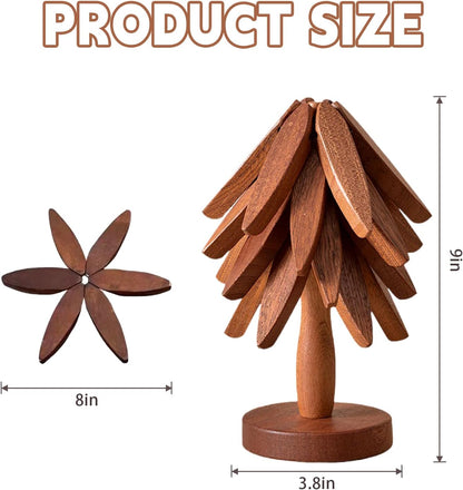 Natural Tree Trivet Set - 4 Wooden Trivets & 1 Stand Like a Christmas Tree