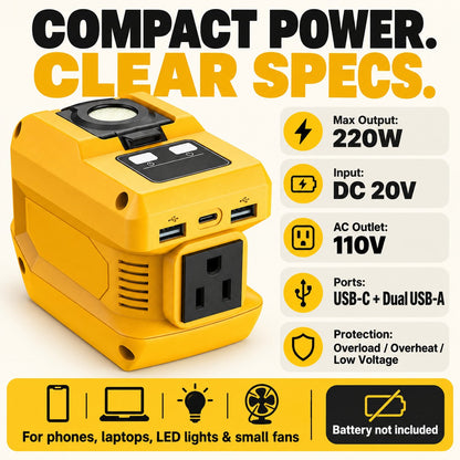 2-in-1 Portable Power Inverter & Floodlight | Convert Tool Batteries to 110V AC