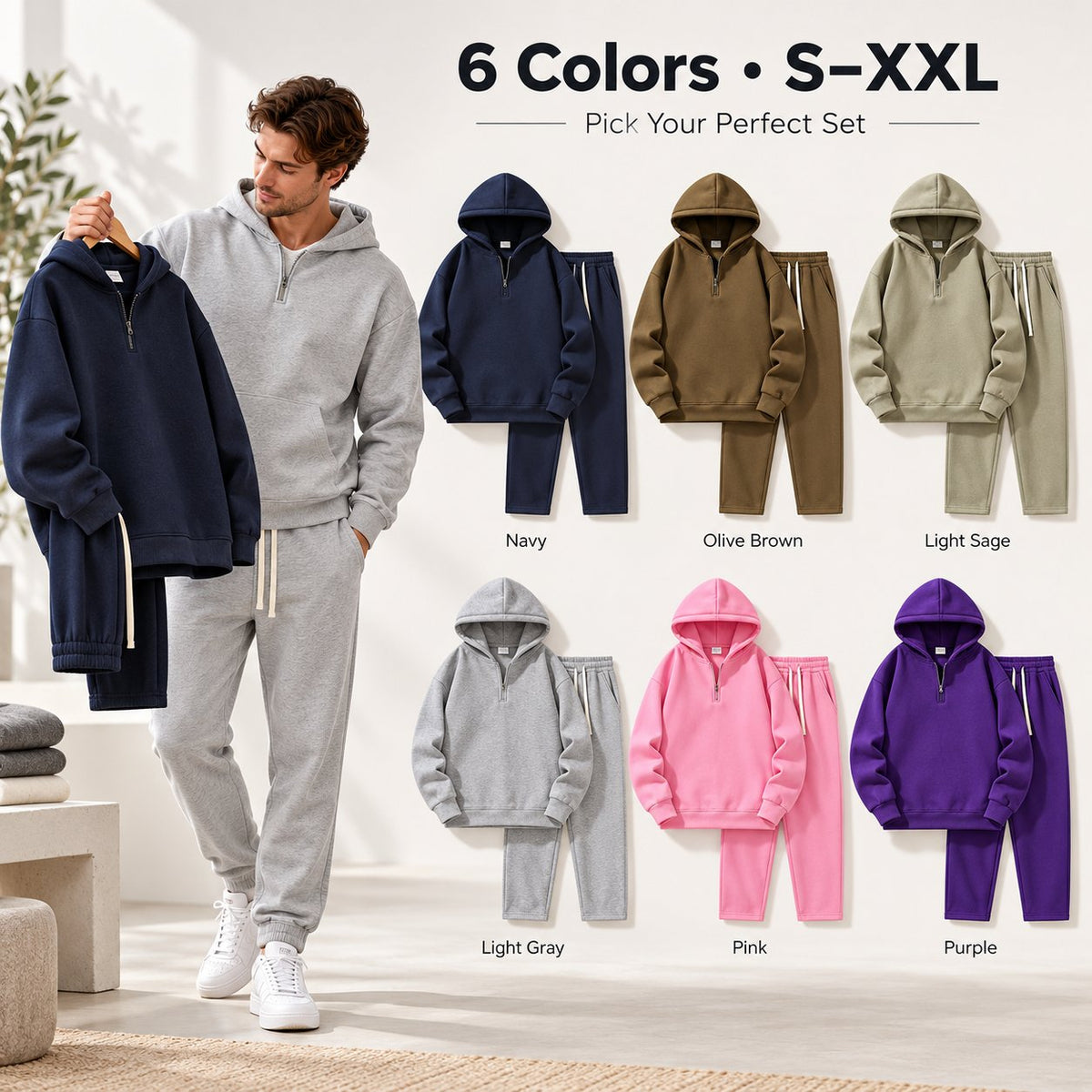 Men's Plain Two-piece Casual Sporty Sweatsuit Set