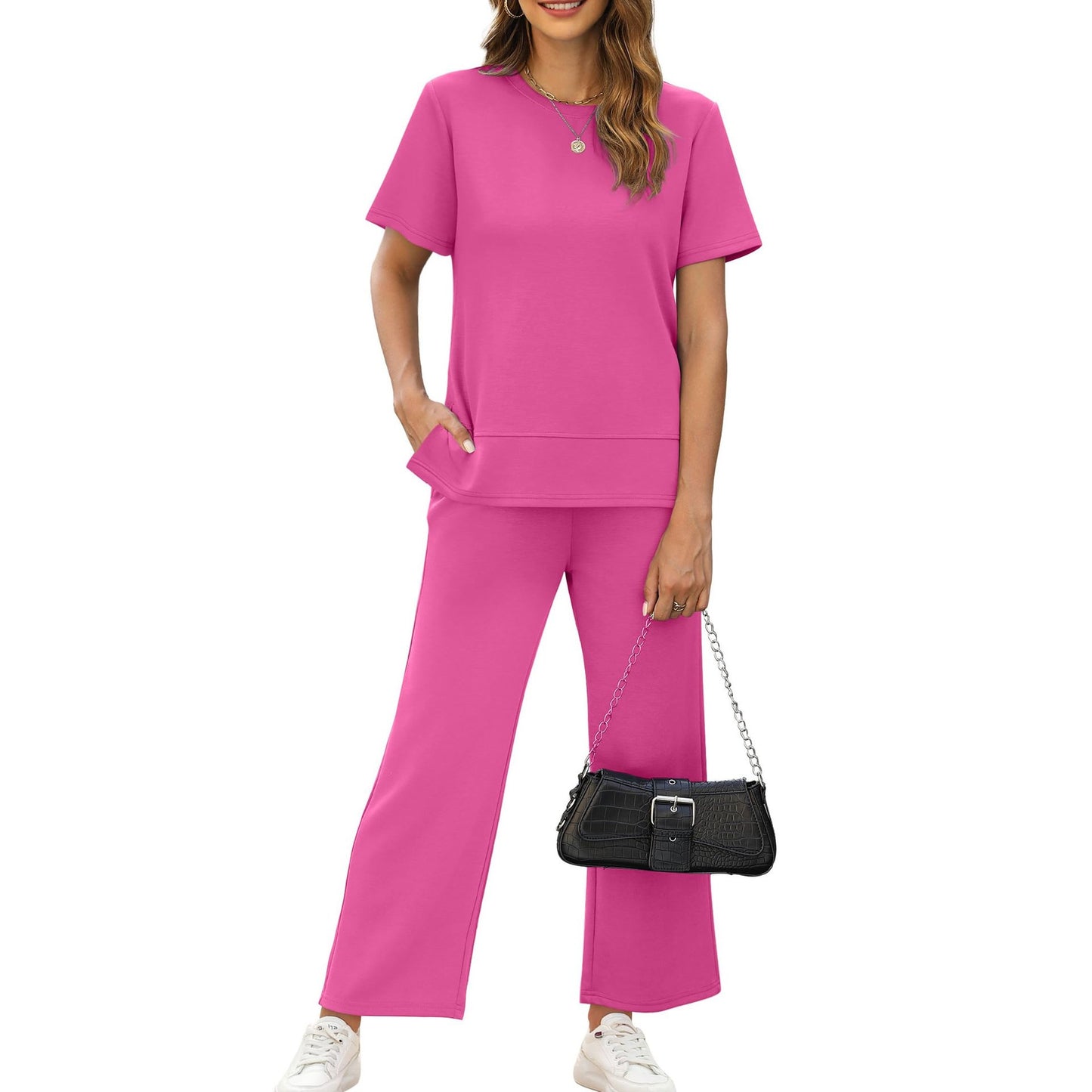 casual summer set featuring loose, wide-leg trousers—perfect for airport travel, beach vacations, and downtime; designed with short sleeves and soft, comfortable fabric