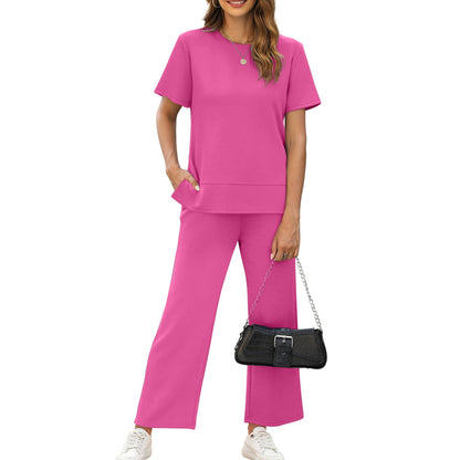casual summer set featuring loose, wide-leg trousers—perfect for airport travel, beach vacations, and downtime; designed with short sleeves and soft, comfortable fabric