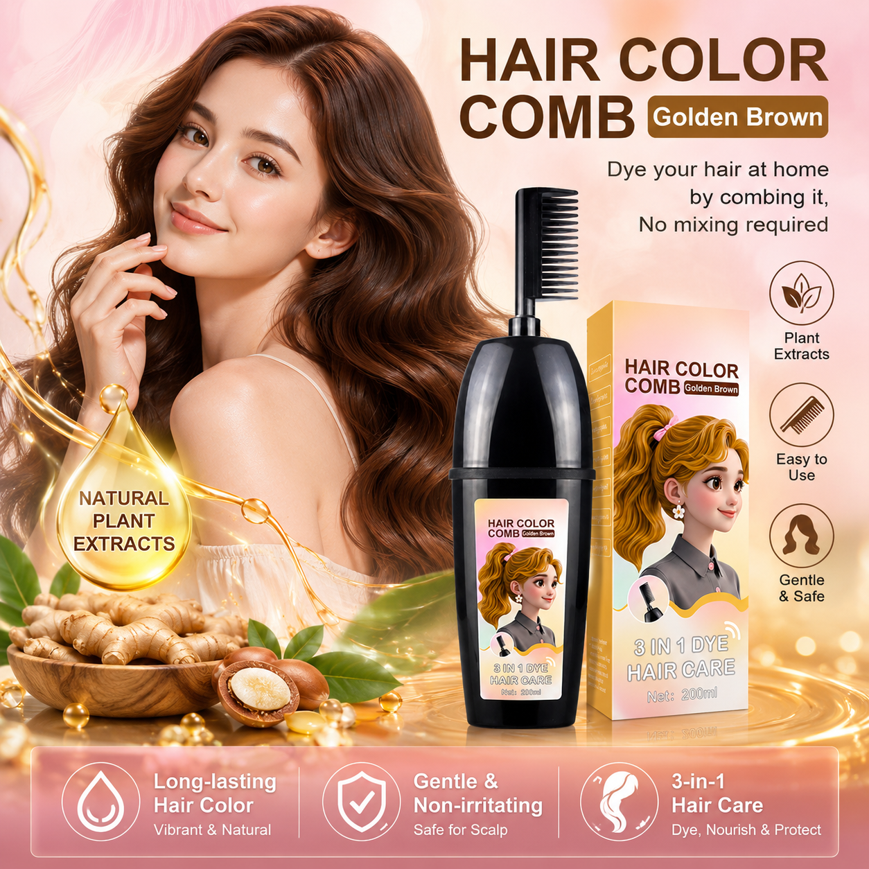 🧴3-in-1 herbal hair coloring comb | Easy hair coloring at home with built-in brush