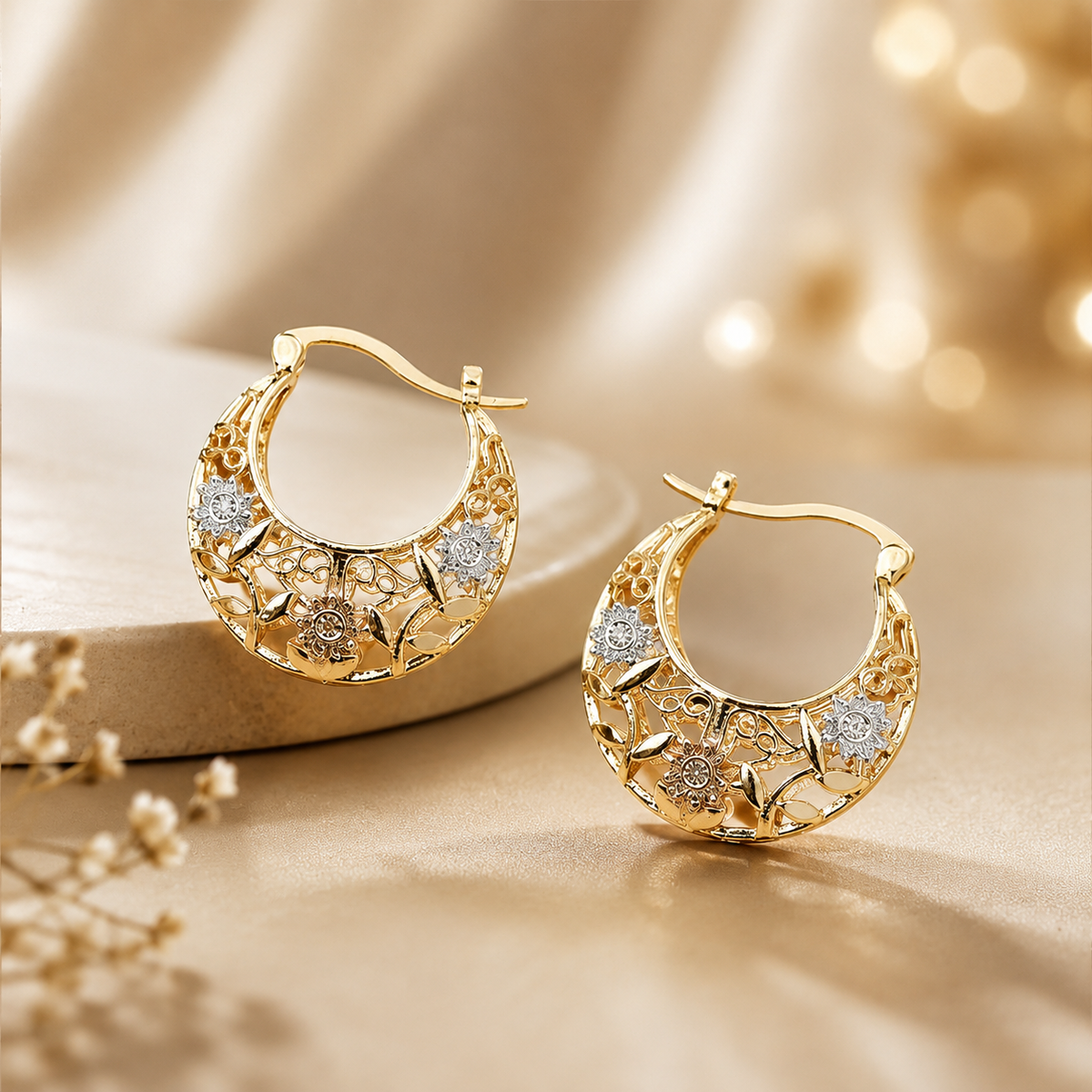 🌸 Vintage 14K Gold Flower Hoop Earrings