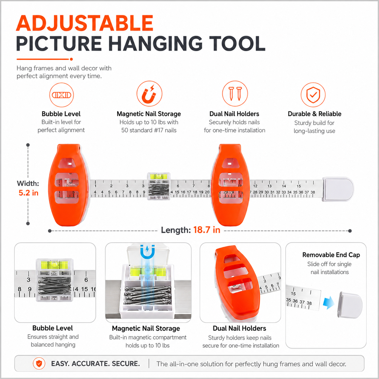 Professional Picture Hanging Tool with Level and Ruler
