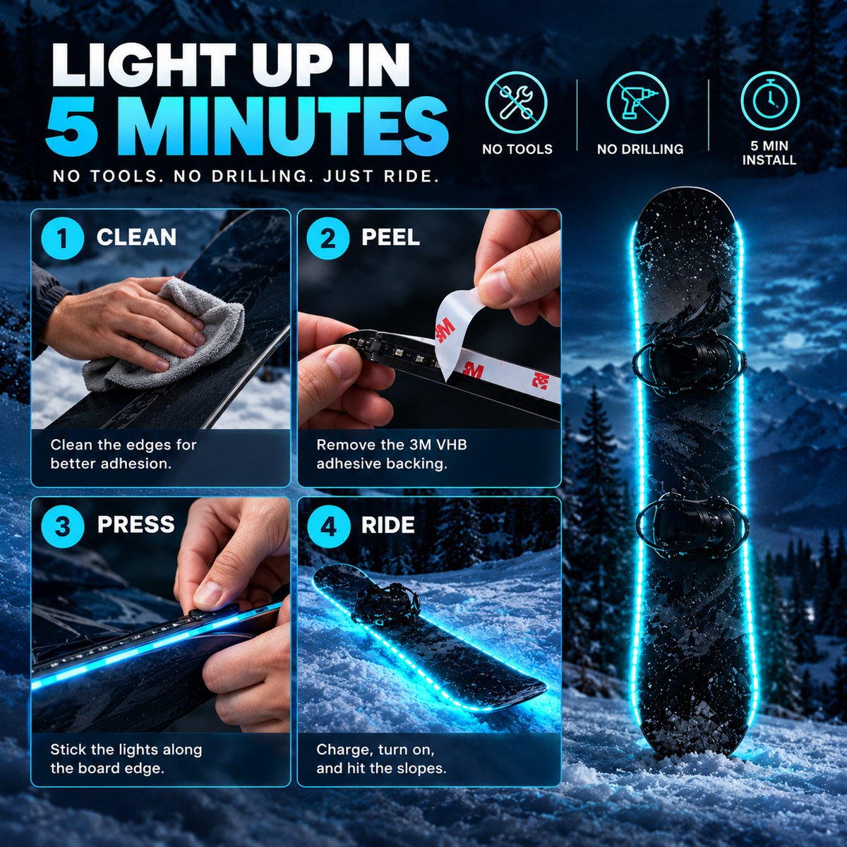🏂 LED Snowboard Light System | 7 Colors, IP68 Waterproof, 5-Min Install
