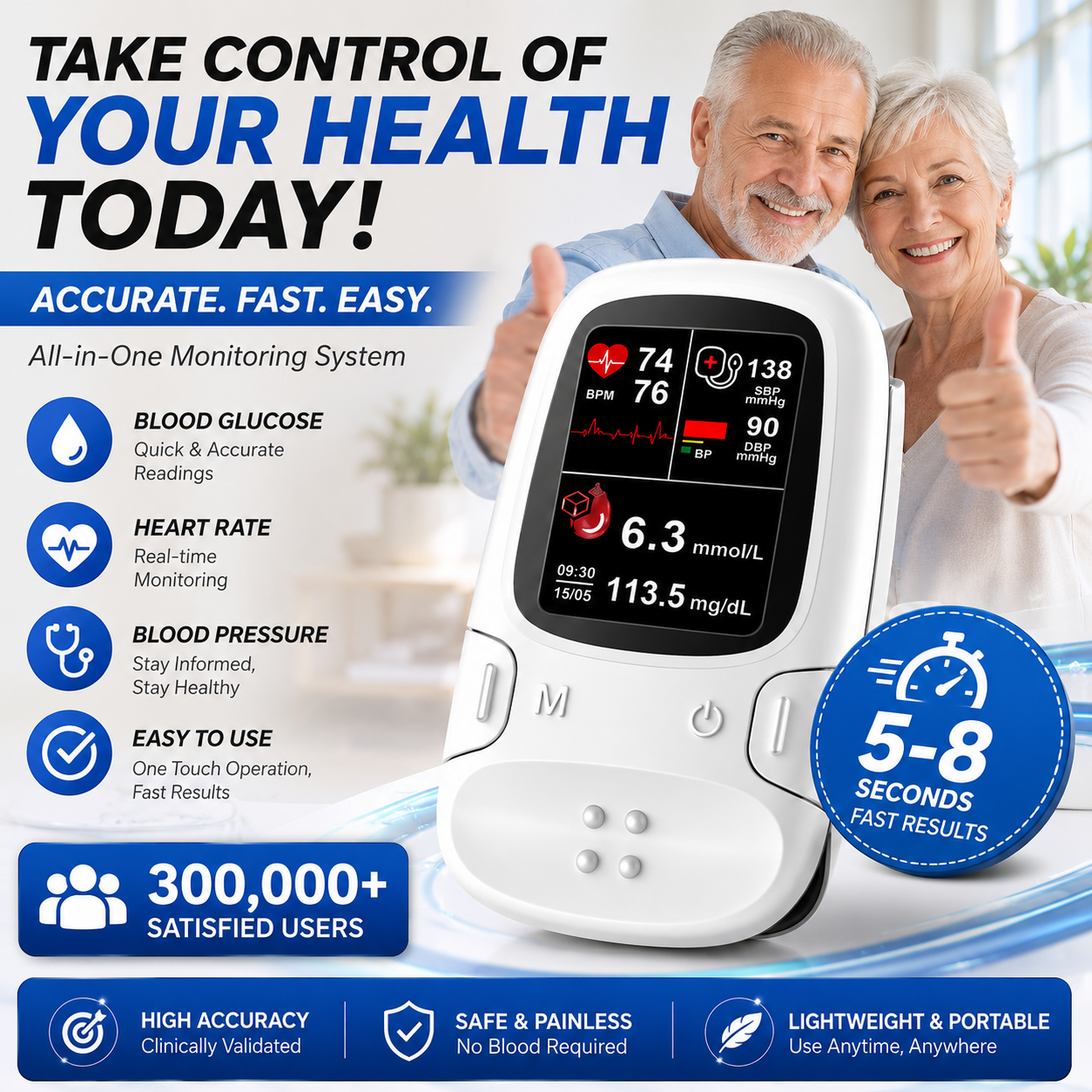 Non-Prick Portable Blood Sugar Monitor Multifunction Health Detecto
