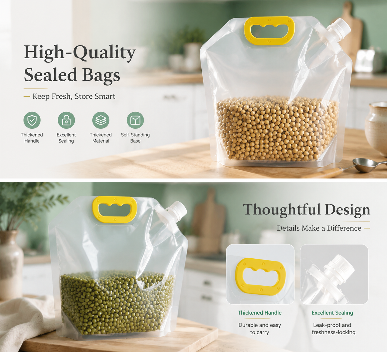 5 Counts Reusable Food Sealed Bags, leak proof design, prevent liquid spillage