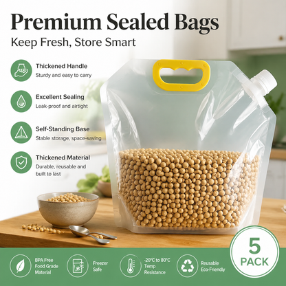 5 Counts Reusable Food Sealed Bags, leak proof design, prevent liquid spillage