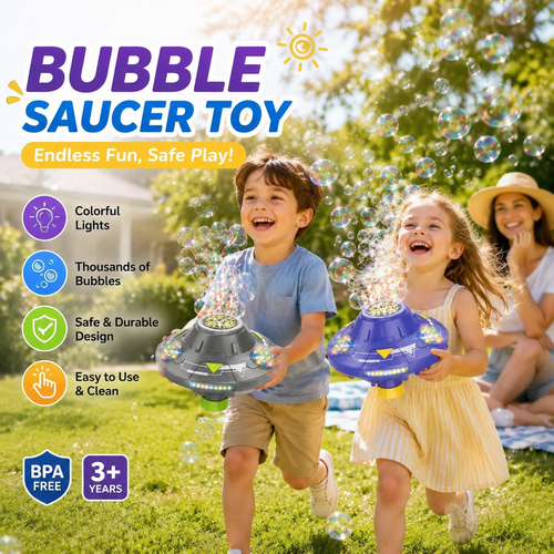 🎉Flying Saucer Bubble Maker for Kids, Automatic Rotating Bubble Blower with Lights, Music
