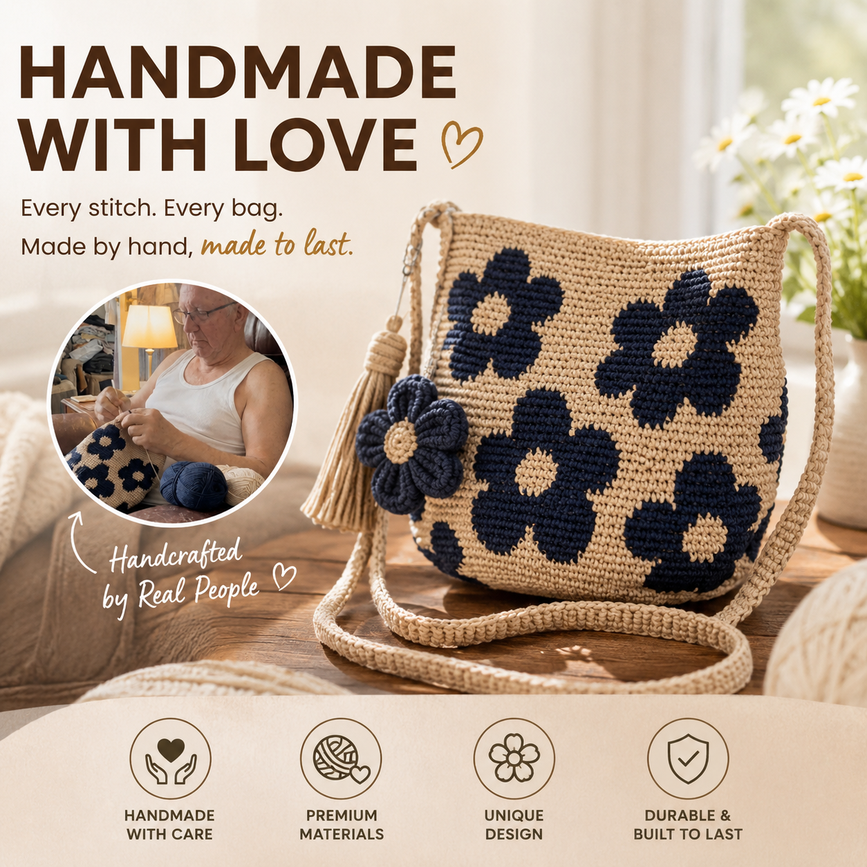 🌸 Handmade Crochet Flower Tote Bag – Fashionable Shoulder & Crossbody Bag for Women, Stylish Daily Commuting Purse 👜✨