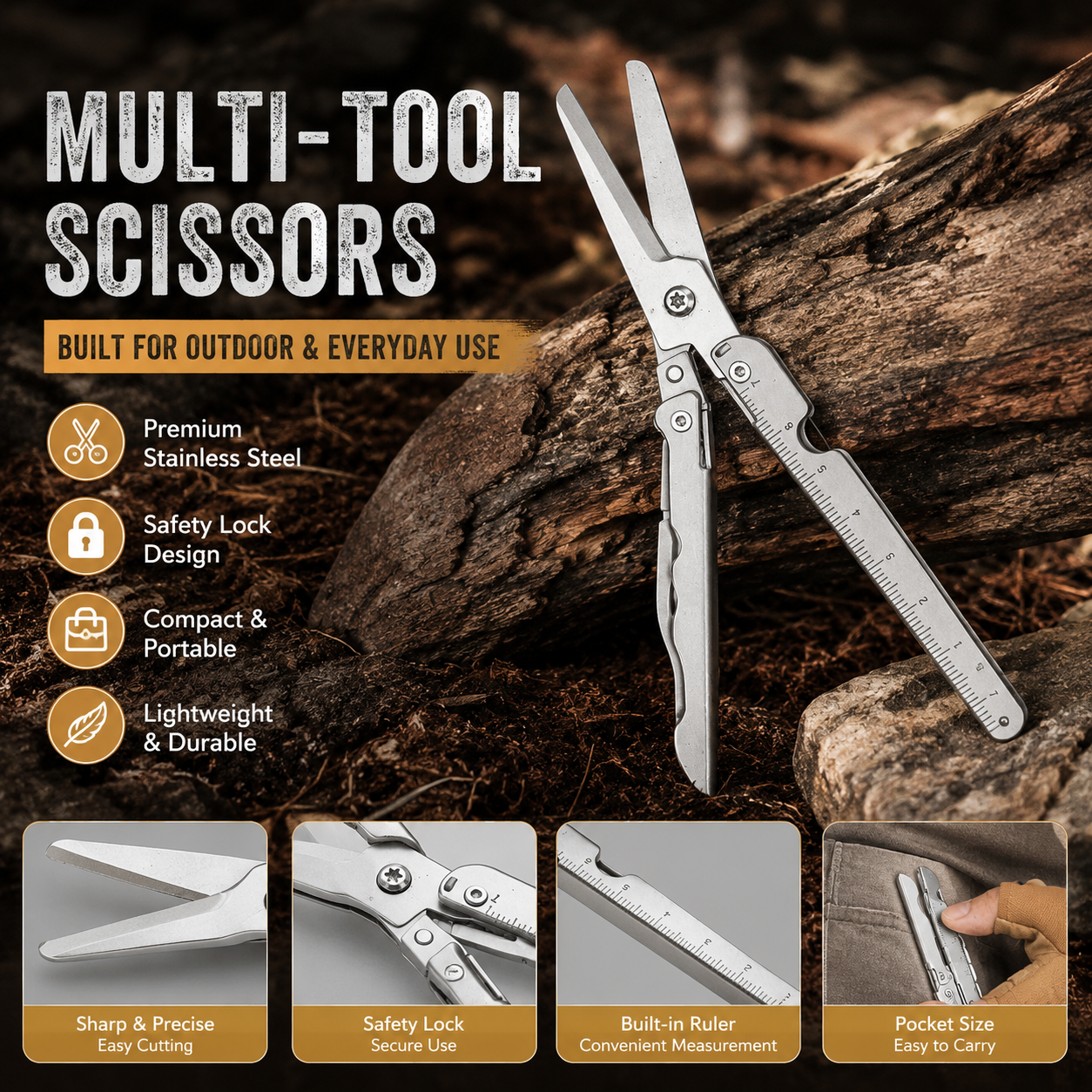 ✂️ 2-in-1 Foldable EDC Scissors with Built-In Ruler