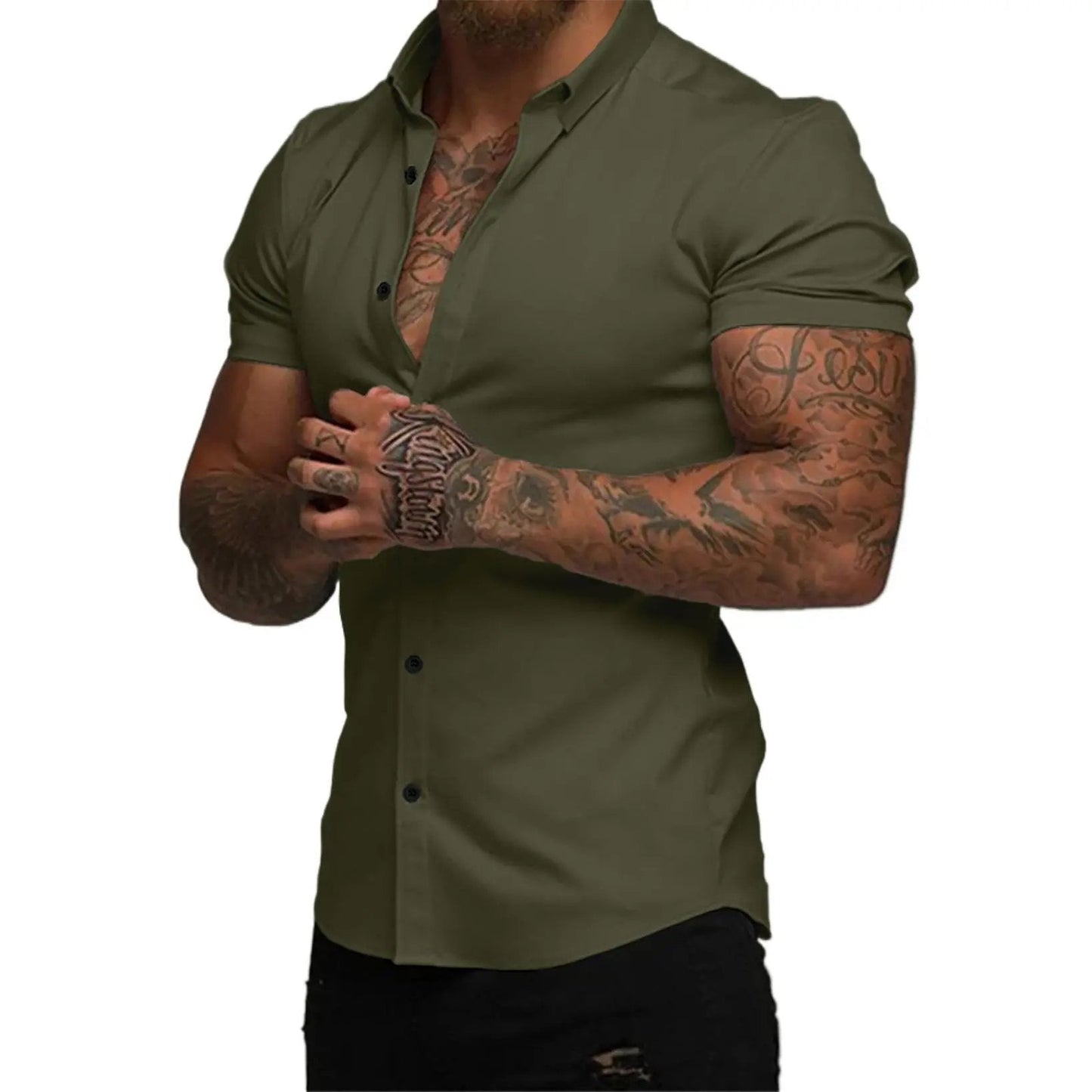 ⚡Hot Sales 49% OFF🔥Mens Muscle Fit Dress Shirts Casual Button Down Shirt Short Sleeve Wrinkle-Free Shirts