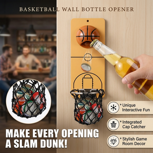 🏀 Wall Mount Basketball Bottle Opener with Caps Net