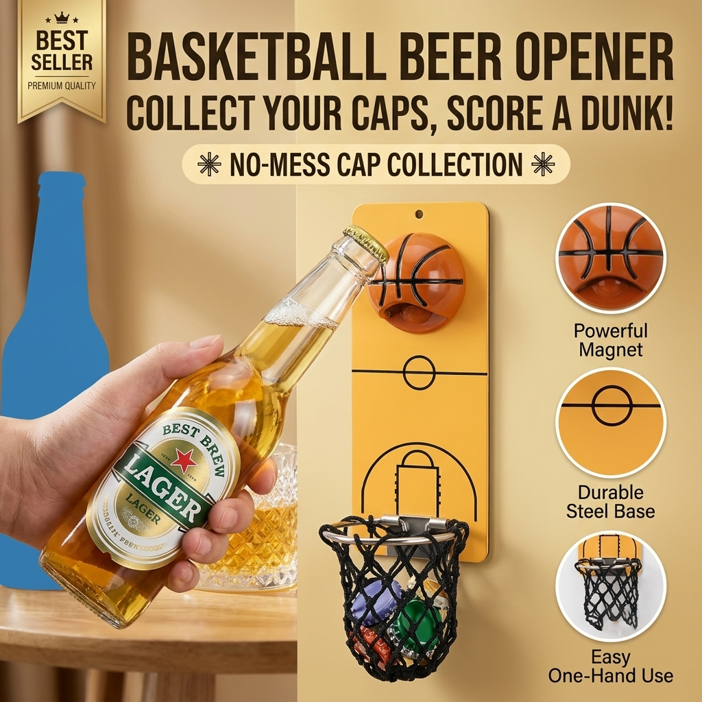 🏀 Wall Mount Basketball Bottle Opener with Caps Net