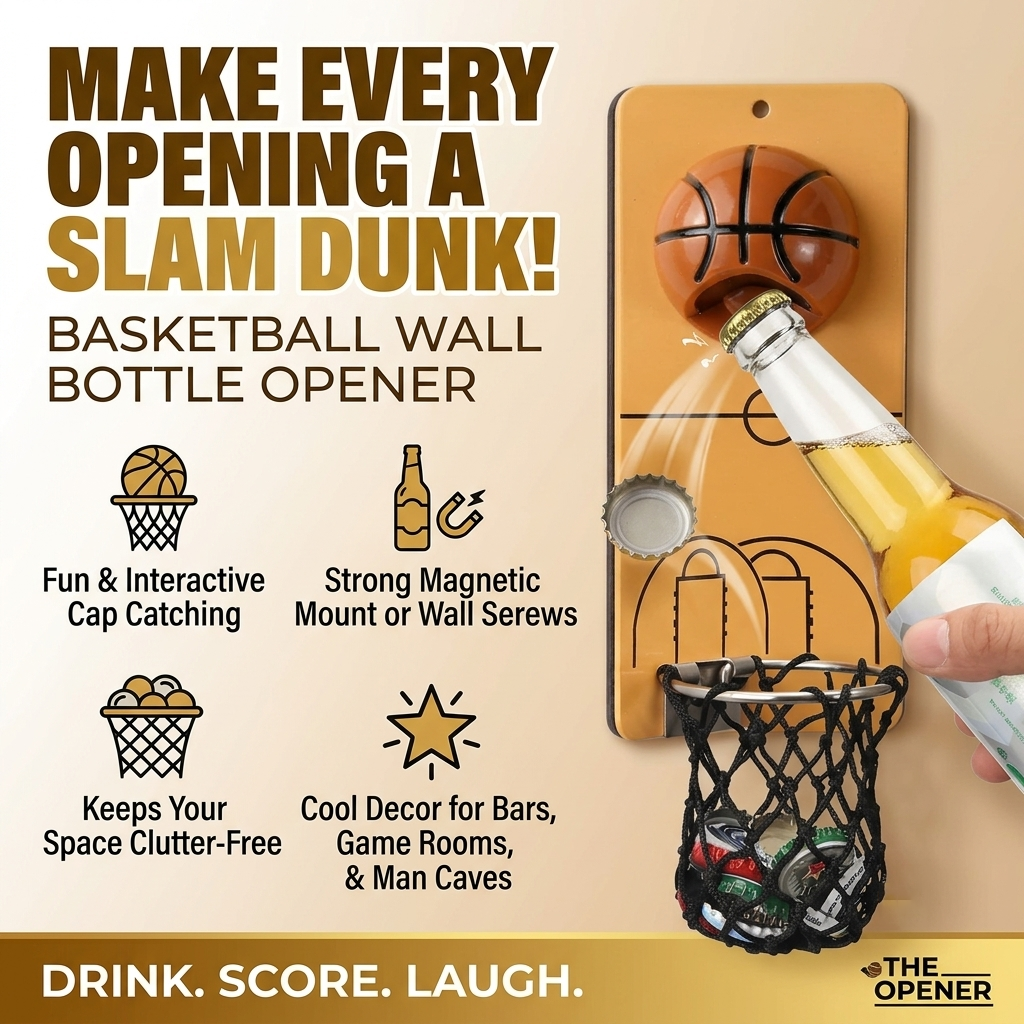 🏀 Wall Mount Basketball Bottle Opener with Caps Net