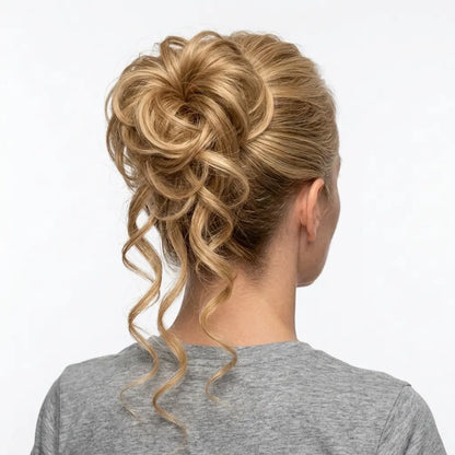 Messy Curly Hair Bun Scrunchie with Bangs – Synthetic Hairpiece