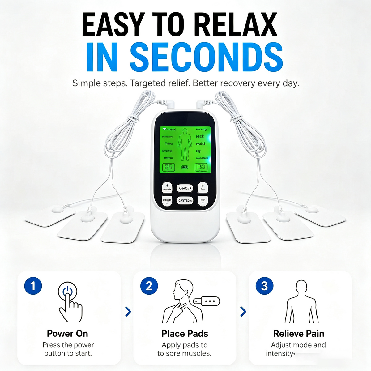 Muscle Stimulator Massager – 10 Modes 30 Levels, Drug-Free Pain Relief for Neck, Back & Joints, Rechargeable with 10 Pads