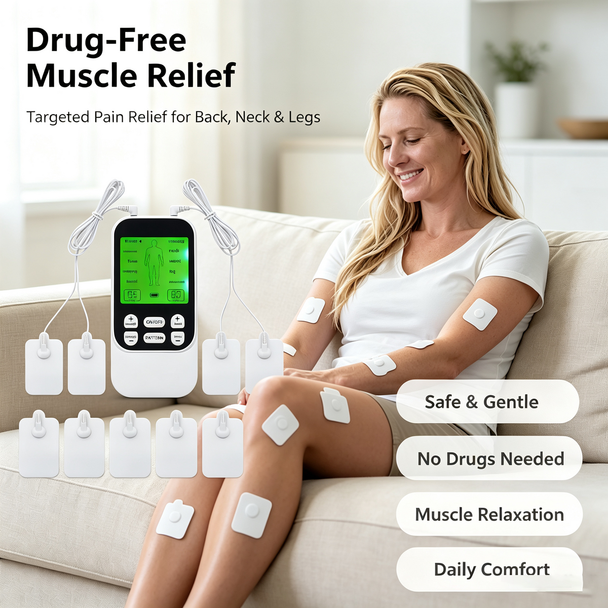 Muscle Stimulator Massager – 10 Modes 30 Levels, Drug-Free Pain Relief for Neck, Back & Joints, Rechargeable with 10 Pads