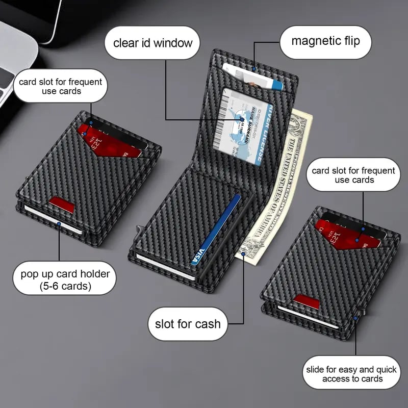 💼Minimalist Men's Slim Wallet: 9 - 13 Cards, ID Window. RFID - Blocking, Aluminum Bifold Pop - Up