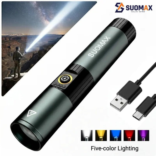 SUOMAX 5-in-1 Multi-Color LED Flashlight - High Lumens Rechargeable Tactical Torch