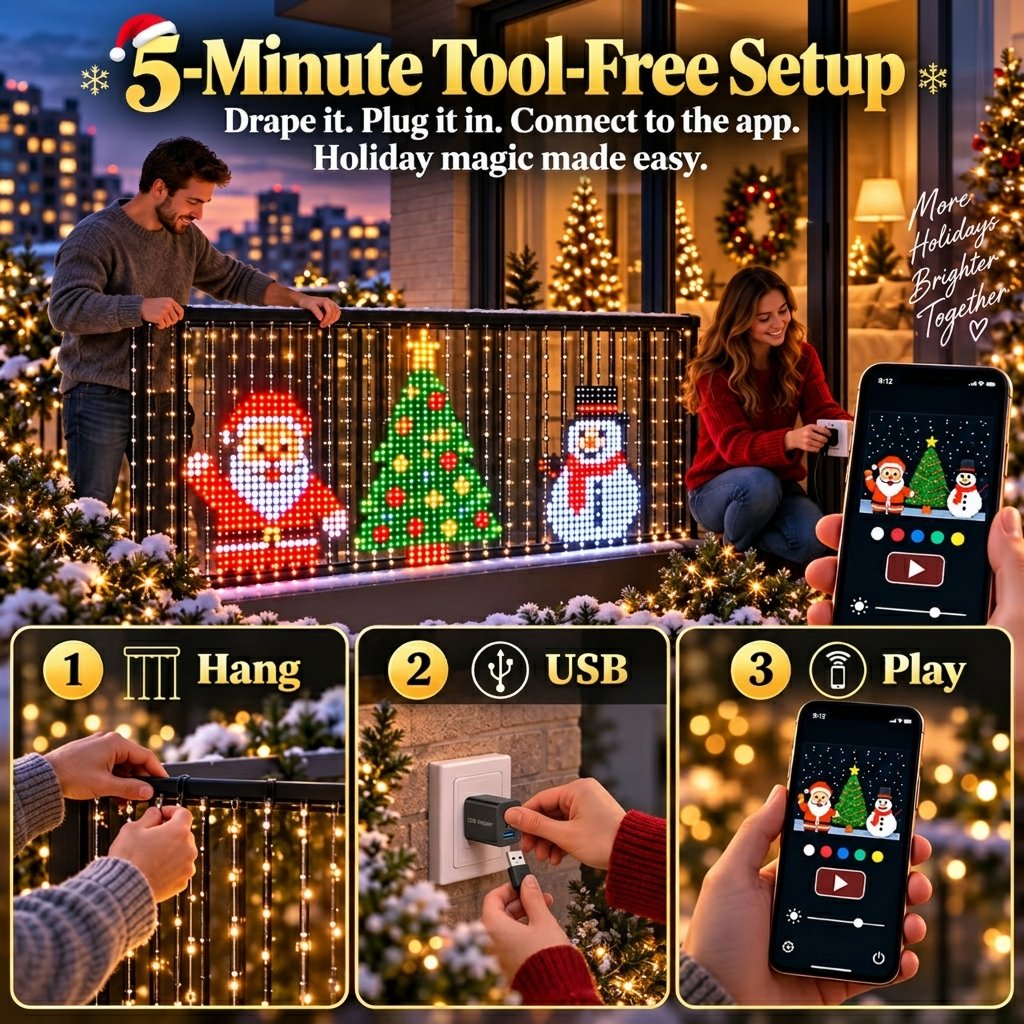 Animated Christmas LED Light Curtain | Custom App Designs & Remote Control
