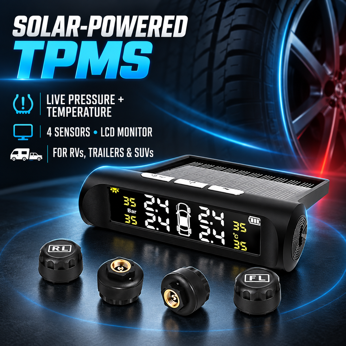 🔥Last Day Special: Solar-Powered RV/Trailer TPMS w/4 Sensors & LCD for Live Tire Pressure/Temp