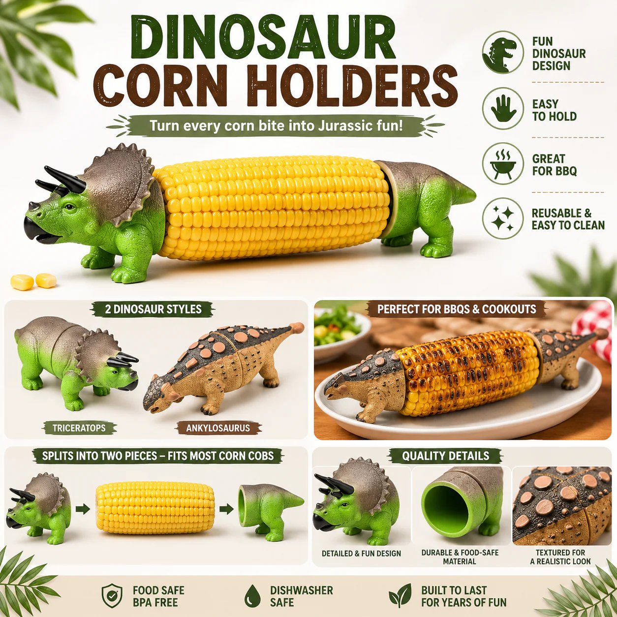 🔥Last Day 50% OFF - 🦖 Cute Dinosaur Corn Holders – Fun Stainless Steel BBQ Kitchen Gadget Set