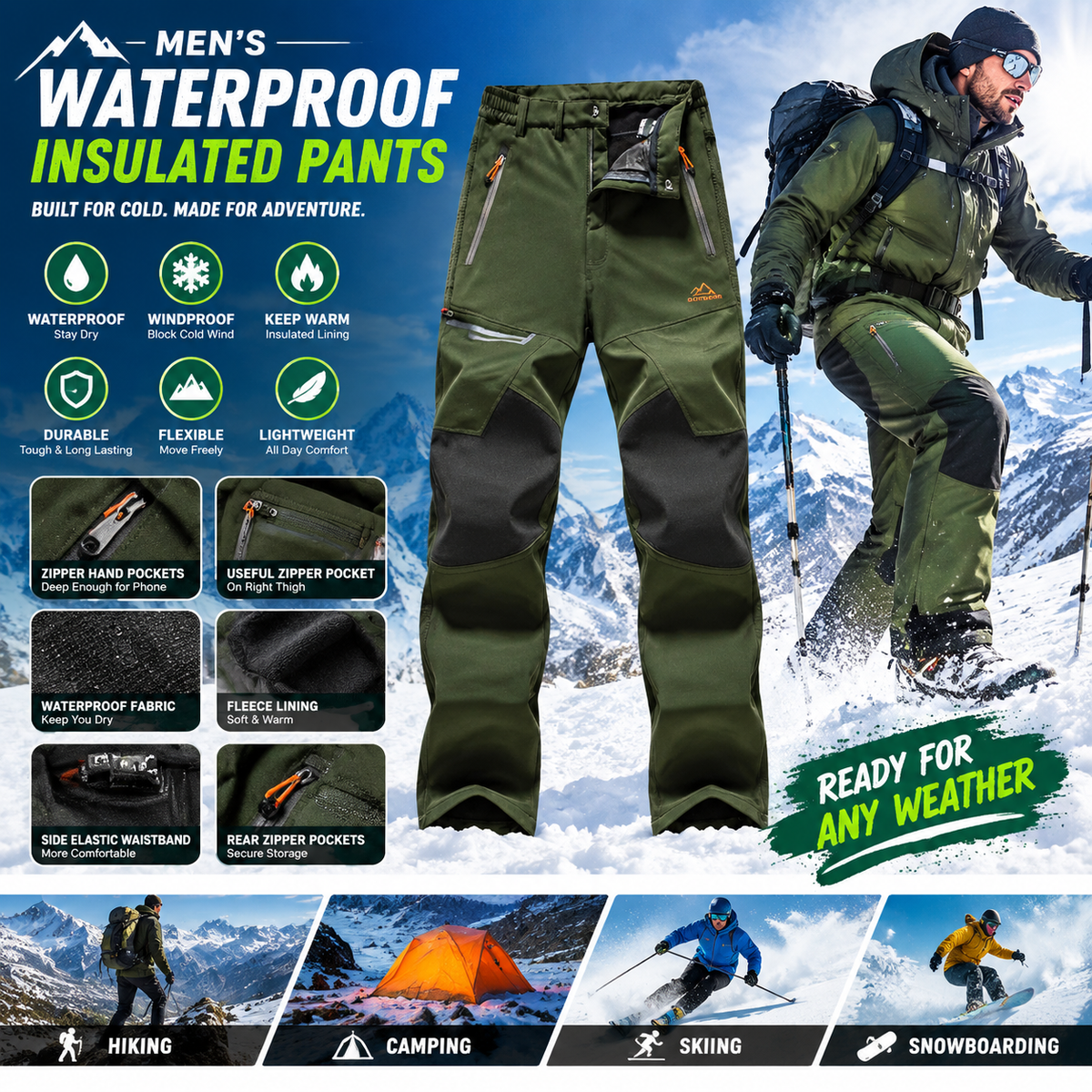 Men's Waterproof Pants Insulated Cold weather Hiking Winter Snow Ski Softshell Outdoor