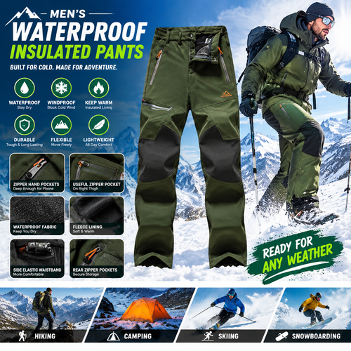 Men's Waterproof Pants Insulated Cold weather Hiking Winter Snow Ski Softshell Outdoor
