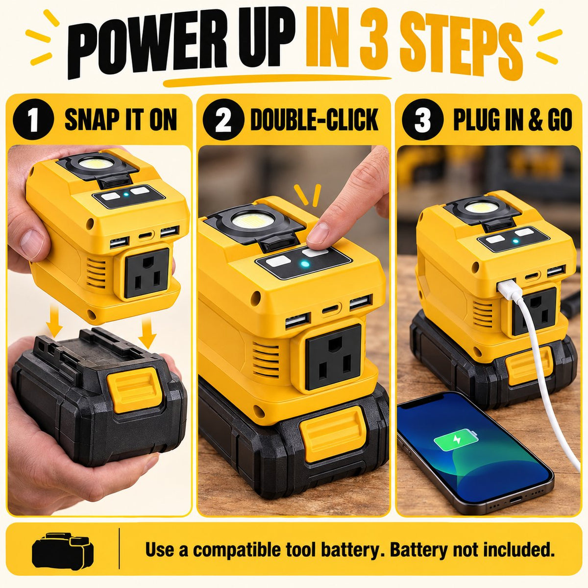 2-in-1 Portable Power Inverter & Floodlight | Convert Tool Batteries to 110V AC