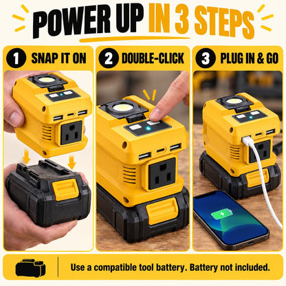 2-in-1 Portable Power Inverter & Floodlight | Convert Tool Batteries to 110V AC