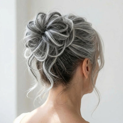 Messy Curly Hair Bun Scrunchie with Bangs – Synthetic Hairpiece