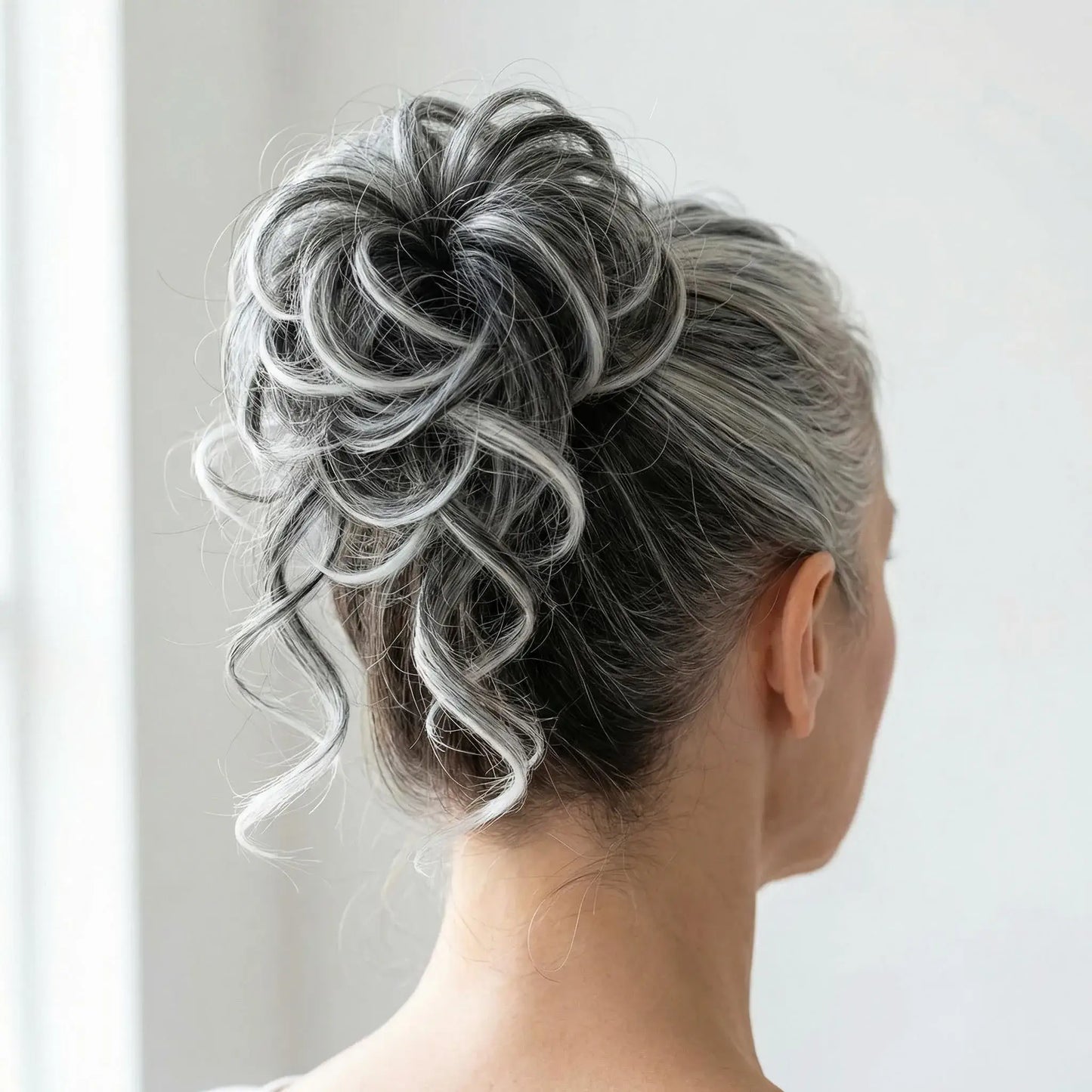 Messy Curly Hair Bun Scrunchie with Bangs – Synthetic Hairpiece